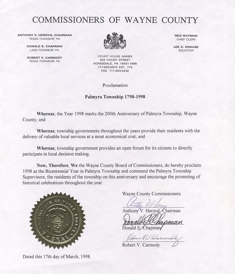 palmyra township, wayne county, pennsylvania bicentennial proclamation